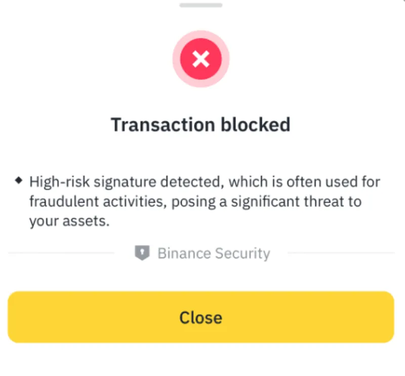 Binance Wallet warning screenshot