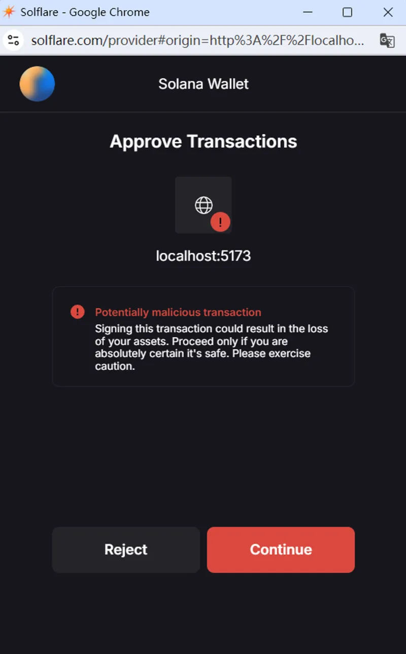 Solflare Wallet warning screenshot